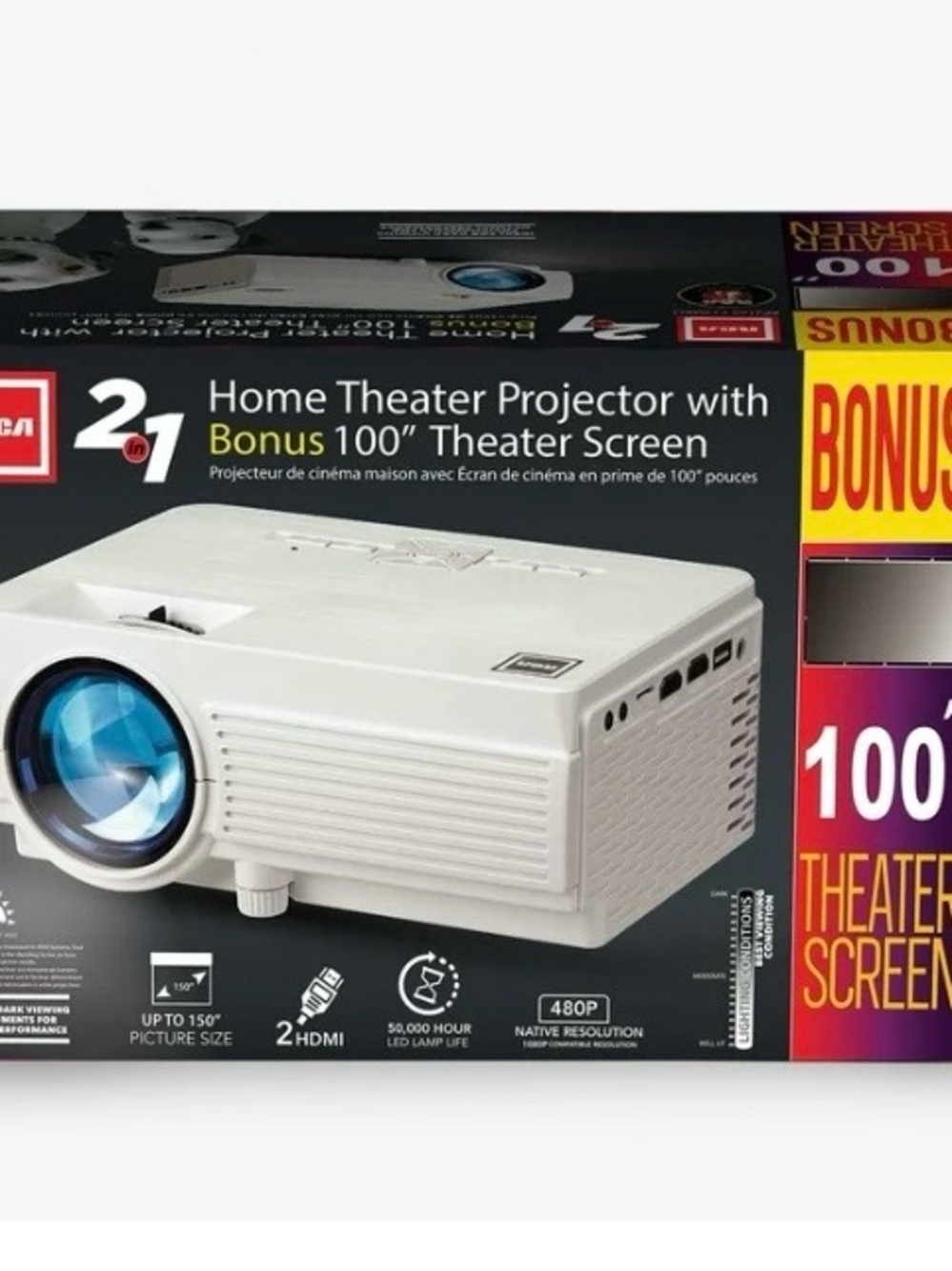 White Home Theater Projector with Bonus 100" Screen
